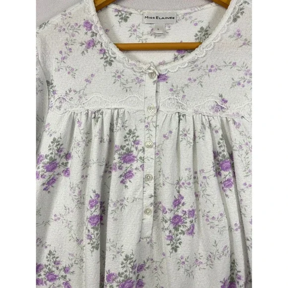 Miss Elaine Womens Nightgown Floral Print White Purple L Long‎ Sleeve - Picture 8 of 9